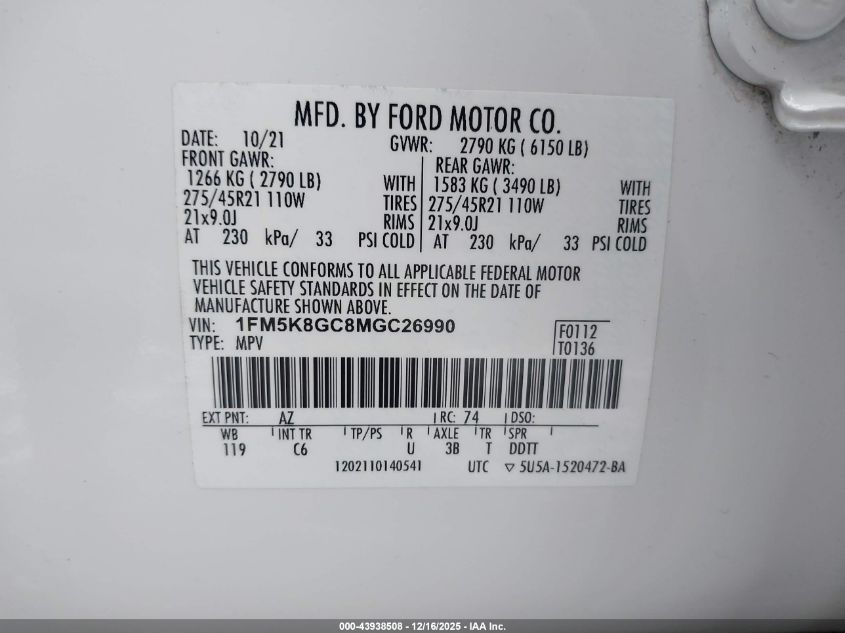 2021 Ford Explorer St VIN: 1FM5K8GC8MGC26990 Lot: 43938508