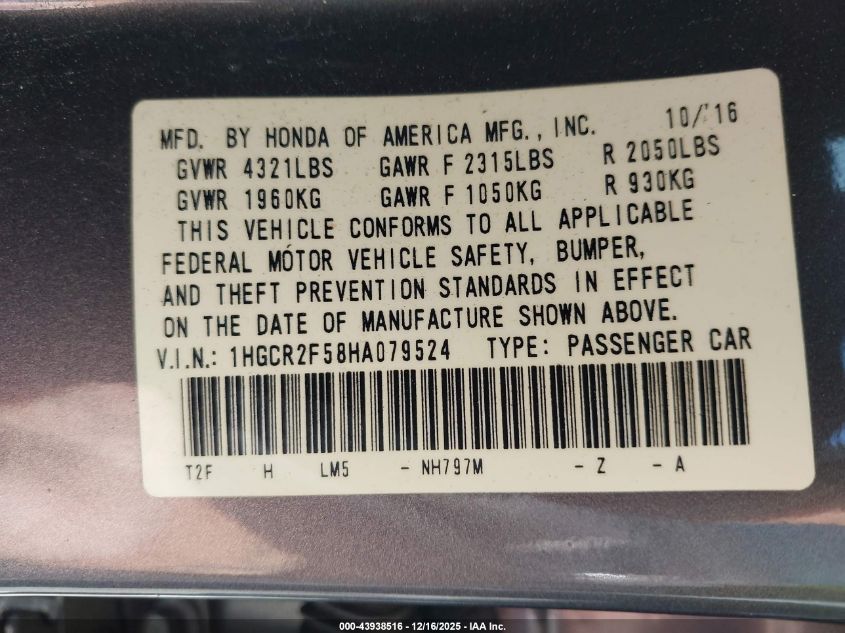 2017 Honda Accord Sport VIN: 1HGCR2F58HA079524 Lot: 43938516