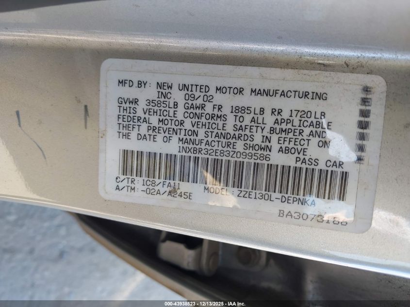 2003 Toyota Corolla Le VIN: 1NXBR32E83Z099586 Lot: 43938523