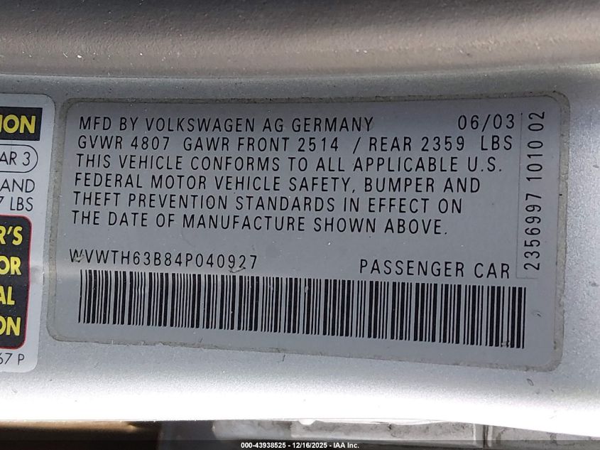 2004 Volkswagen Passat Glx VIN: WVWTH63B84P040927 Lot: 43938525