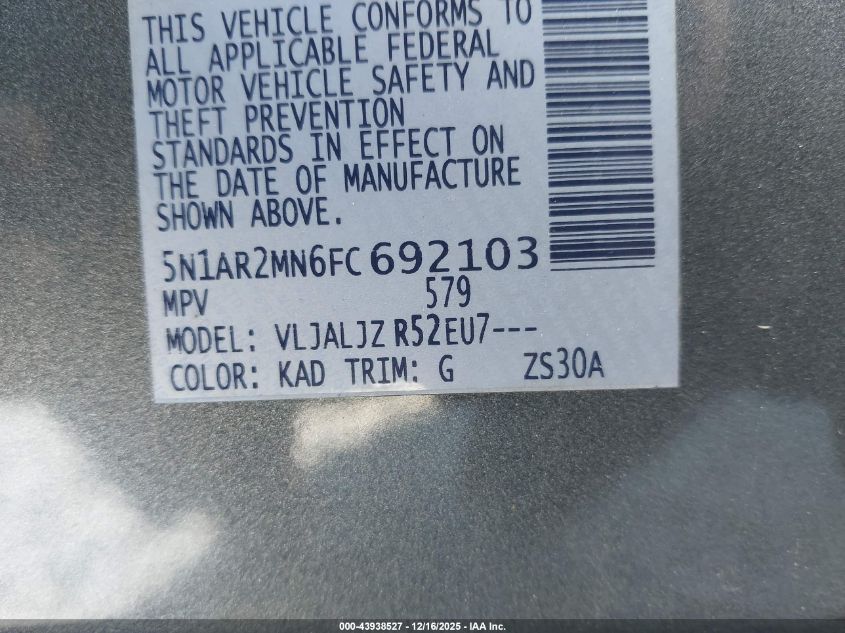 2015 Nissan Pathfinder Platinum VIN: 5N1AR2MN6FC692103 Lot: 43938527