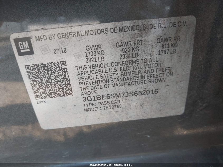 2018 Chevrolet Cruze Lt Auto VIN: 3G1BE6SM7JS652016 Lot: 43938536