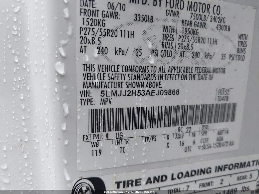 2010 Lincoln Navigator VIN: 5LMJJ2H53AEJ09868 Lot: 43938537