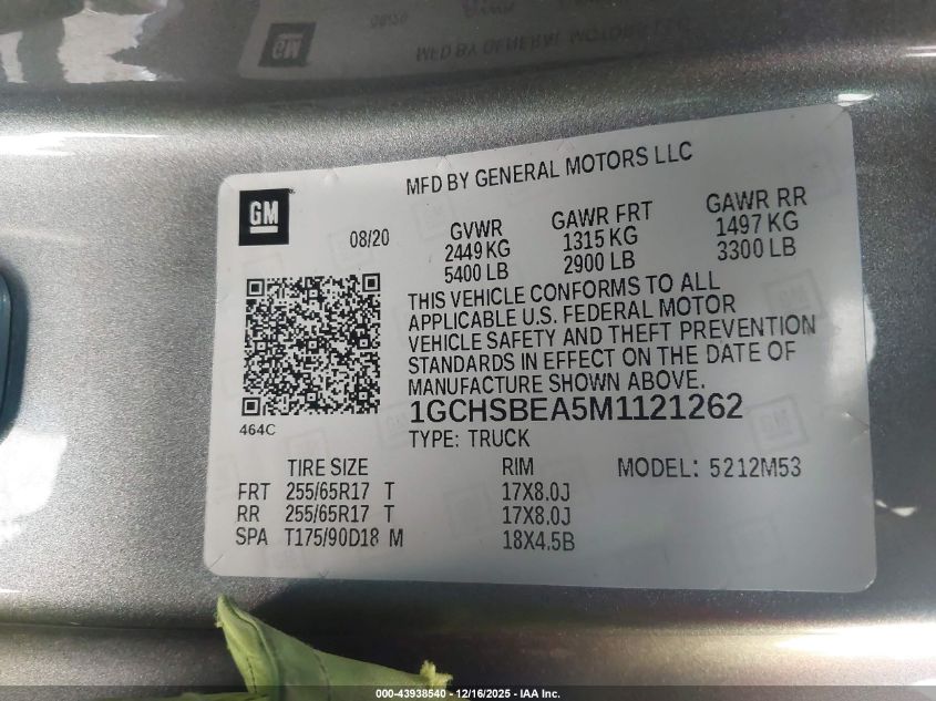 2021 Chevrolet Colorado 2Wd Long Box Wt VIN: 1GCHSBEA5M1121262 Lot: 43938540