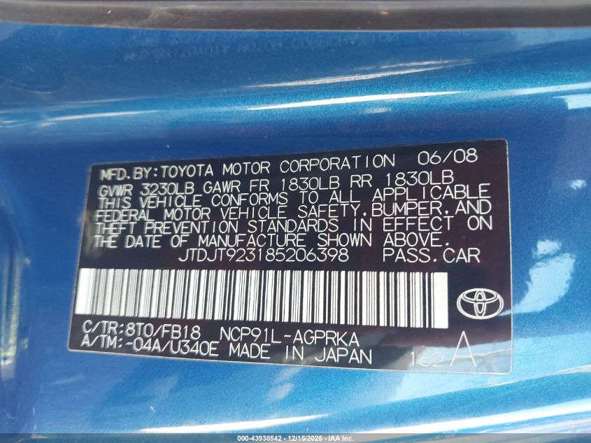 2008 Toyota Yaris VIN: JTDJT923185206398 Lot: 43938542