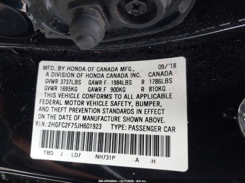 2018 Honda Civic Ex VIN: 2HGFC2F75JH601923 Lot: 43938543