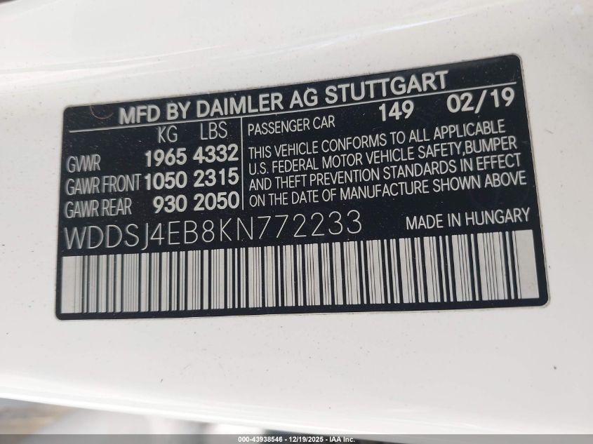 2019 Mercedes-Benz Cla 250 VIN: WDDSJ4EB8KN772233 Lot: 43938546