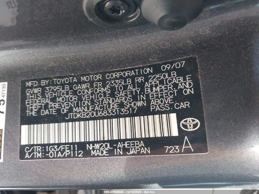 2008 Toyota Prius VIN: JTDKB20U683313517 Lot: 43938548