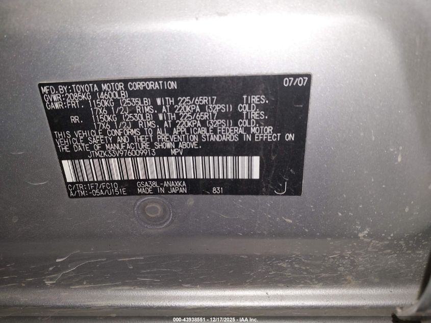 2007 Toyota Rav4 Base V6 VIN: JTMZK33V976009913 Lot: 43938551