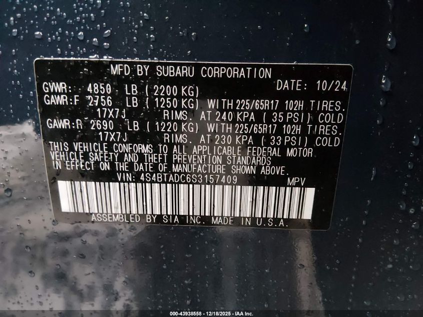 2025 Subaru Outback Premium VIN: 4S4BTADC6S3157409 Lot: 43938558