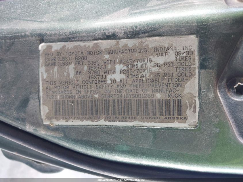2000 Toyota Tundra Sr5 V8 VIN: 5TBRT3418YS001269 Lot: 43938561