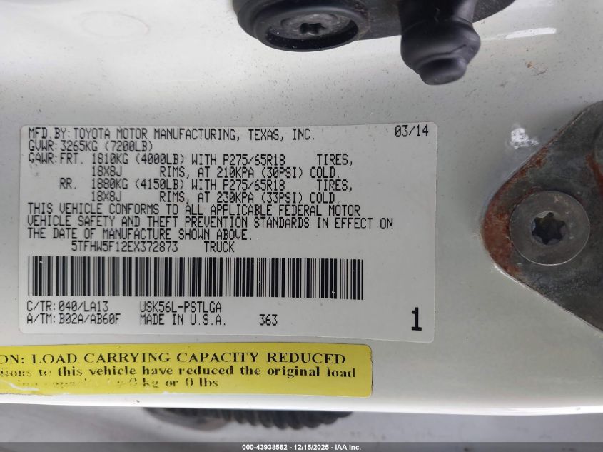 2014 Toyota Tundra Limited 5.7L V8 VIN: 5TFHW5F12EX372873 Lot: 43938562