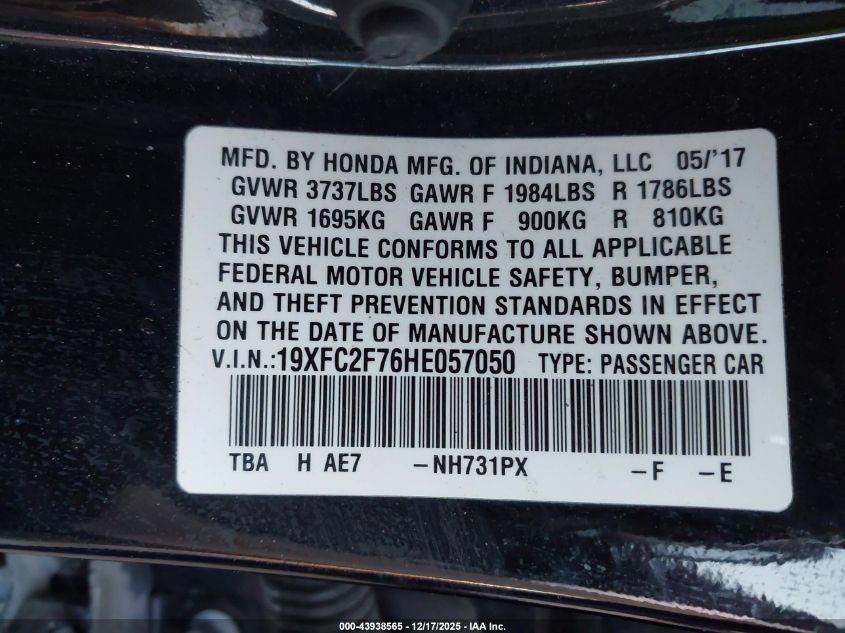 2017 Honda Civic Ex VIN: 19XFC2F76HE057050 Lot: 43938565