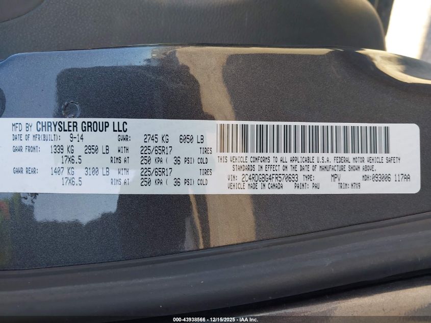 2015 Dodge Grand Caravan Se VIN: 2C4RDGBG4FR570693 Lot: 43938566