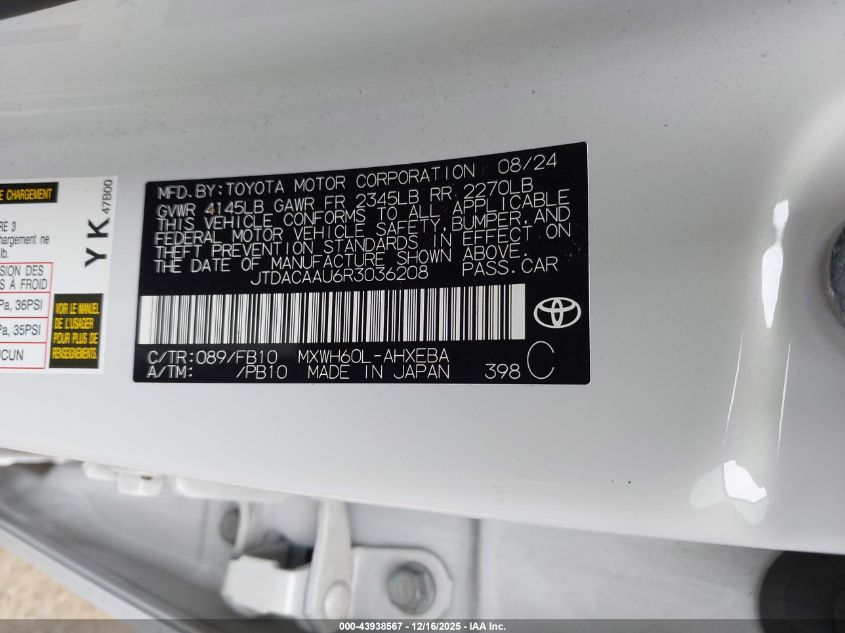 2024 Toyota Prius Le VIN: JTDACAAU6R3036208 Lot: 43938567