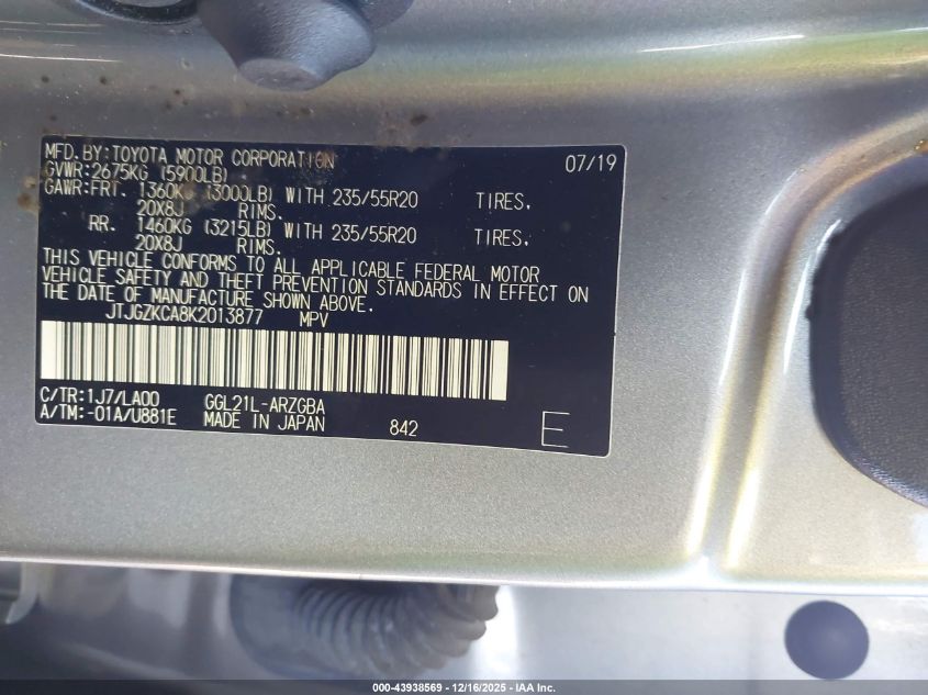 2019 Lexus Rx 350L Luxury VIN: JTJGZKCA8K2013877 Lot: 43938569