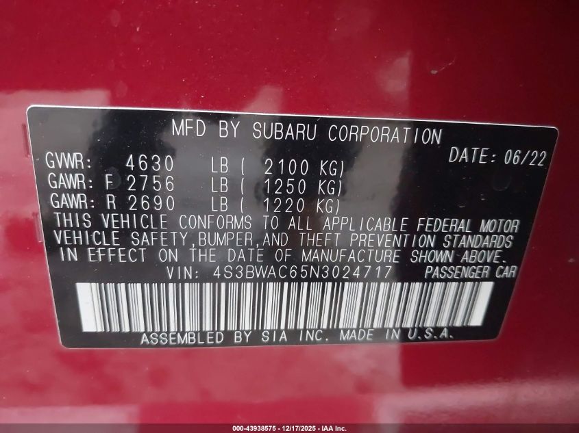 2022 Subaru Legacy Premium VIN: 4S3BWAC65N3024717 Lot: 43938575