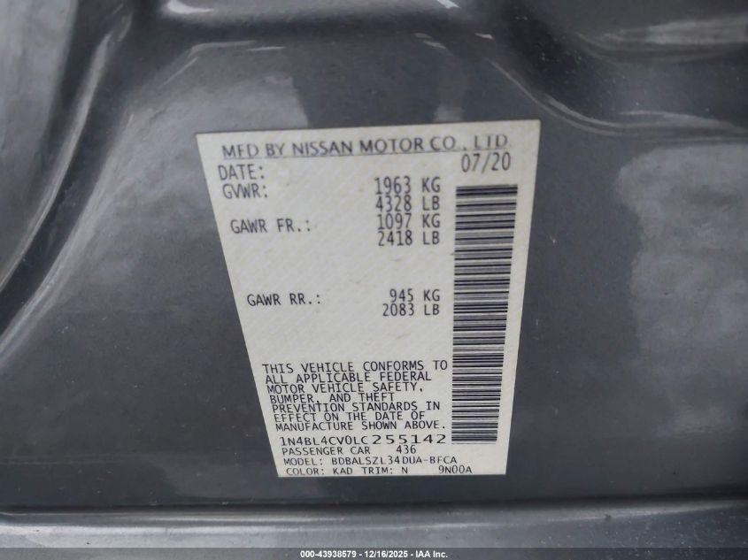 2020 Nissan Altima Sr Fwd VIN: 1N4BL4CV0LC255142 Lot: 43938579