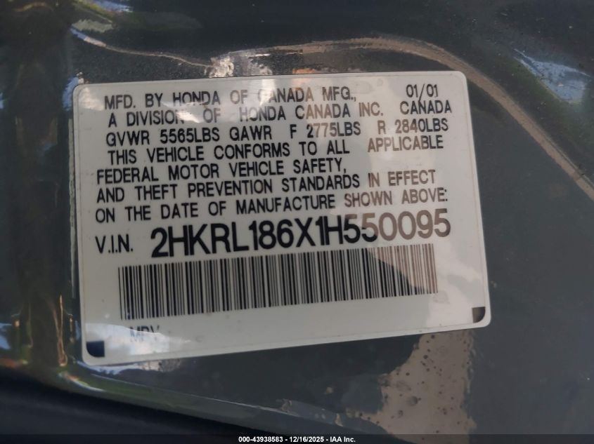 2001 Honda Odyssey Ex VIN: 2HKRL186X1H550095 Lot: 43938583