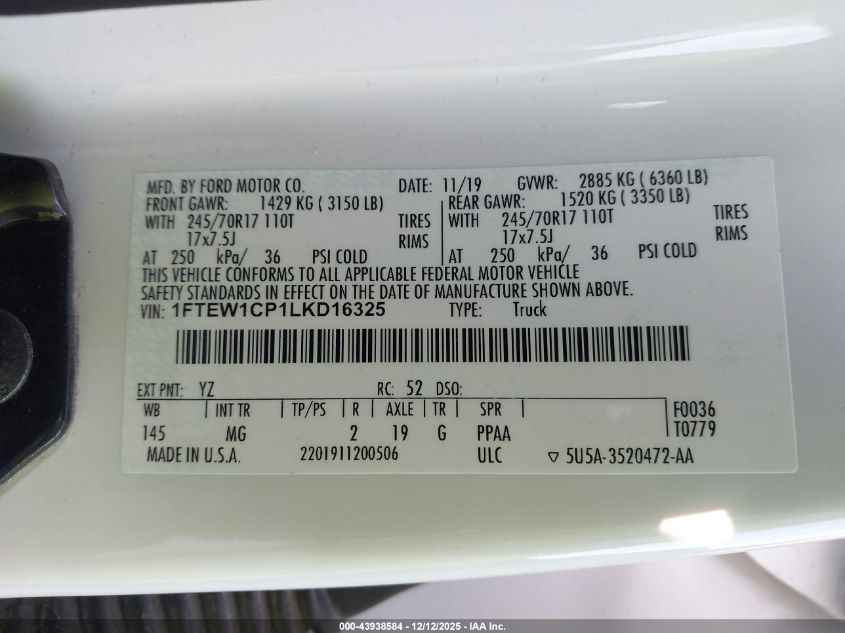 2020 Ford F-150 Xlt VIN: 1FTEW1CP1LKD16325 Lot: 43938584