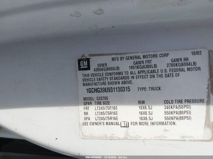 2003 Chevrolet Express VIN: 1GCHG39U931130315 Lot: 43938588