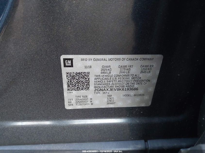 2019 Chevrolet Equinox Lt VIN: 2GNAXJEV8K6193686 Lot: 43938591