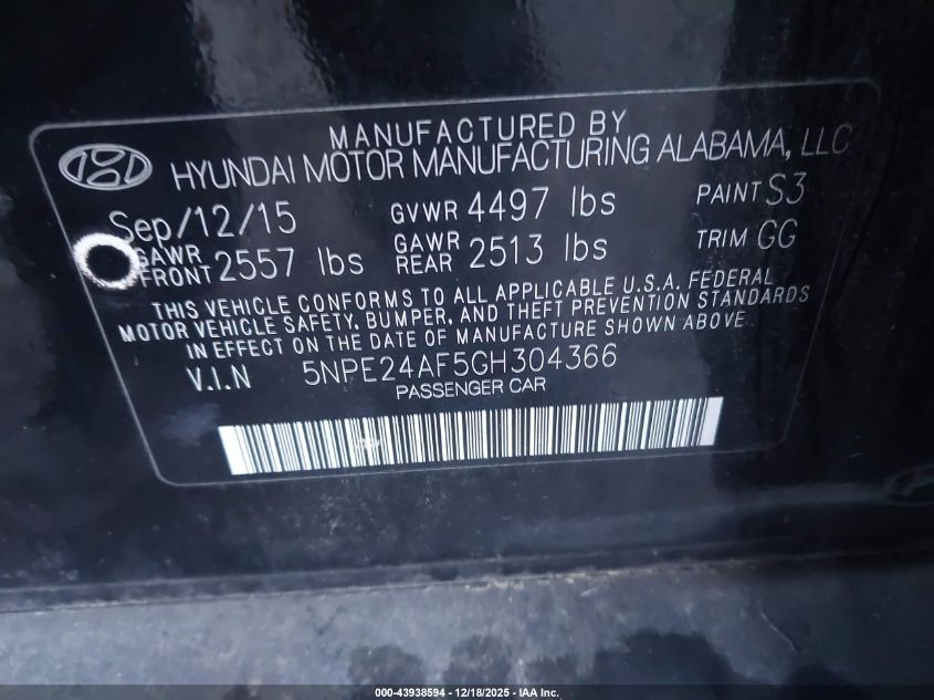2016 Hyundai Sonata Se VIN: 5NPE24AF5GH304366 Lot: 43938594