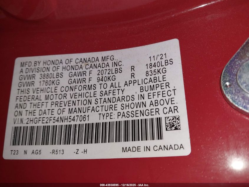 2022 Honda Civic Sport VIN: 2HGFE2F54NH547061 Lot: 43938595