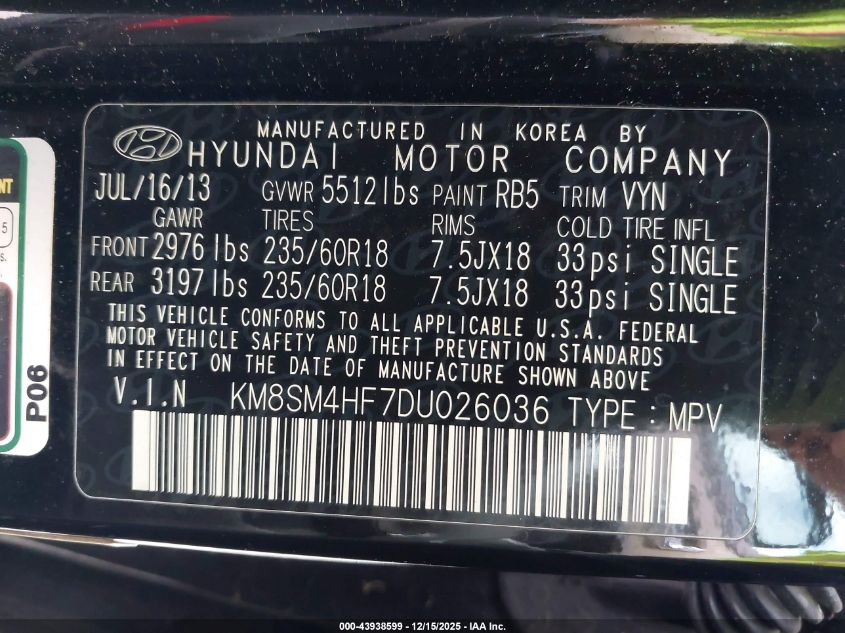 2013 Hyundai Santa Fe Gls VIN: KM8SM4HF7DU026036 Lot: 43938599