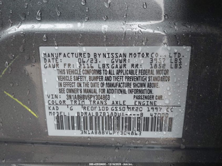 2023 Nissan Sentra S Xtronic Cvt VIN: 3N1AB8BV6PY304863 Lot: 43938600