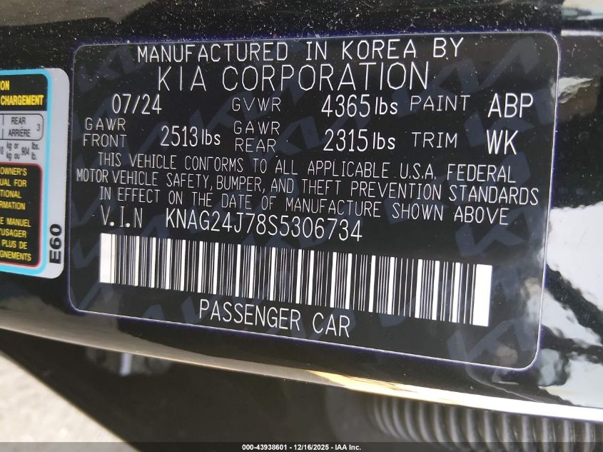 2025 Kia K5 Lxs VIN: KNAG24J78S5306734 Lot: 43938601