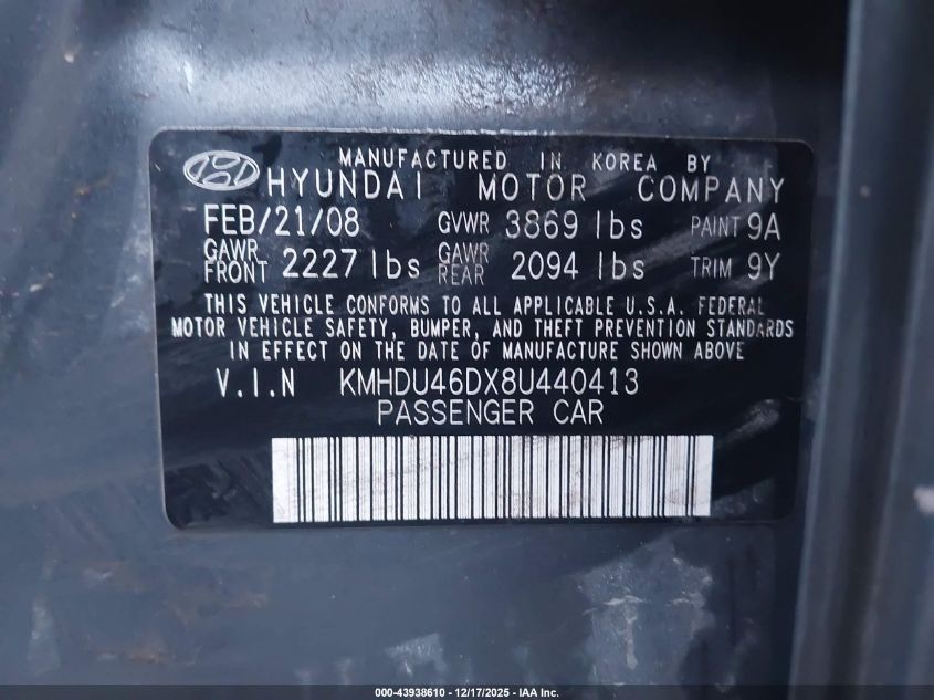2008 Hyundai Elantra Gls/Se VIN: KMHDU46DX8U440413 Lot: 43938610