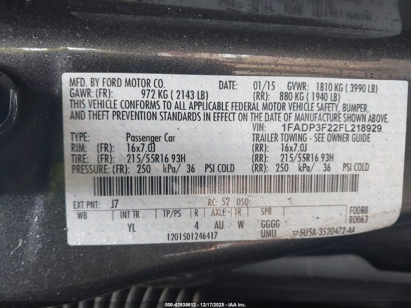 2015 Ford Focus Se VIN: 1FADP3F22FL218929 Lot: 43938612