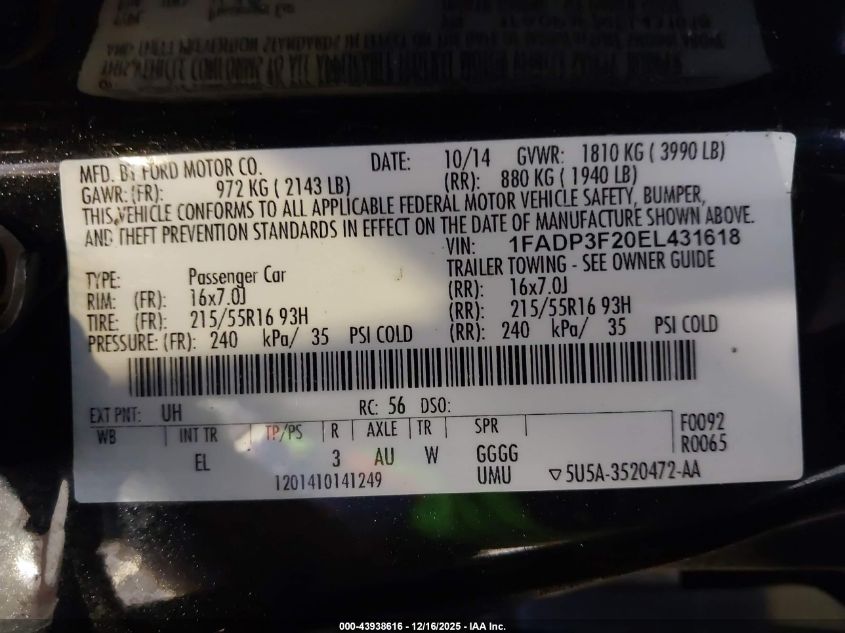 2014 Ford Focus Se VIN: 1FADP3F20EL431618 Lot: 43938616