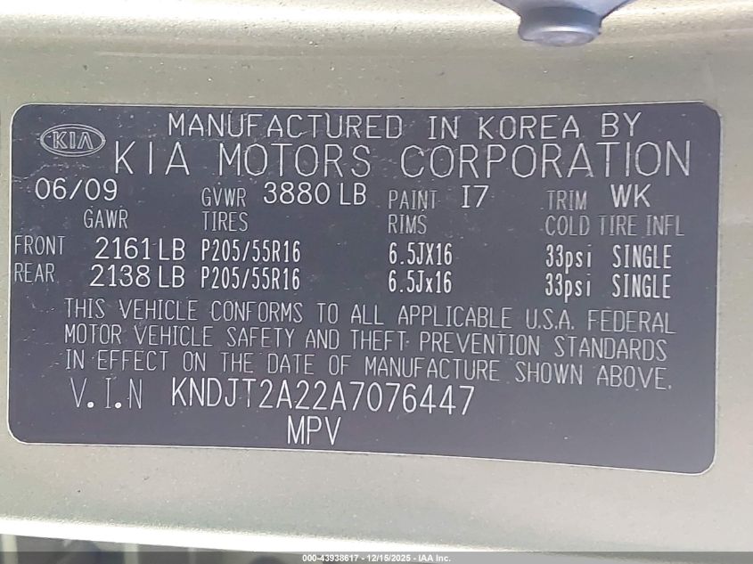 2010 Kia Soul + VIN: KNDJT2A22A7076447 Lot: 43938617