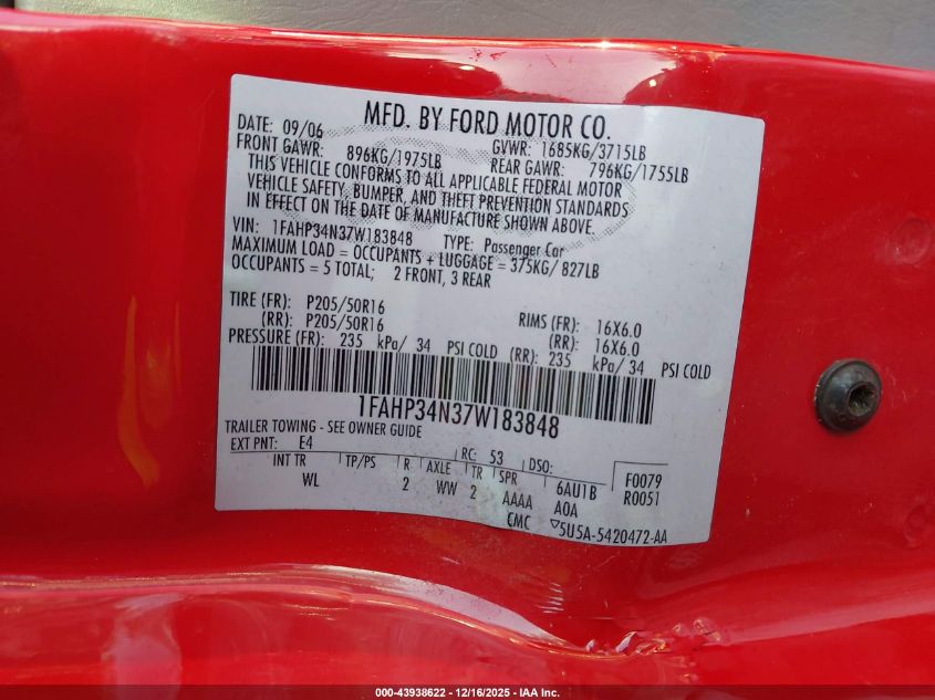 2007 Ford Focus S/Se/Ses VIN: 1FAHP34N37W183848 Lot: 43938622