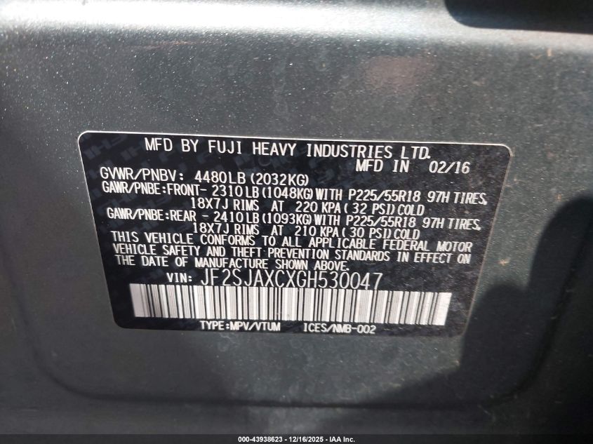 2016 Subaru Forester 2.5I Touring VIN: JF2SJAXCXGH530047 Lot: 43938623