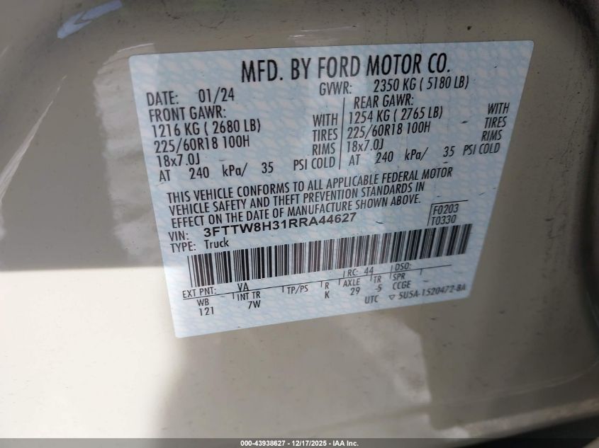 2024 Ford Maverick Xlt VIN: 3FTTW8H31RRA44627 Lot: 43938627