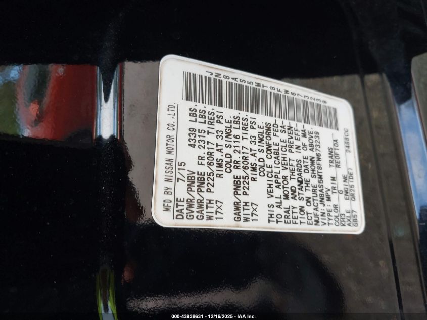 2015 Nissan Rogue Select S VIN: JN8AS5MT8FW673239 Lot: 43938631