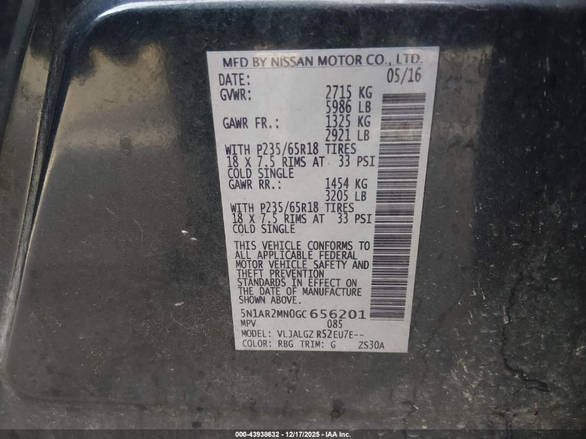 2016 Nissan Pathfinder Sl VIN: 5N1AR2MN0GC656201 Lot: 43938632