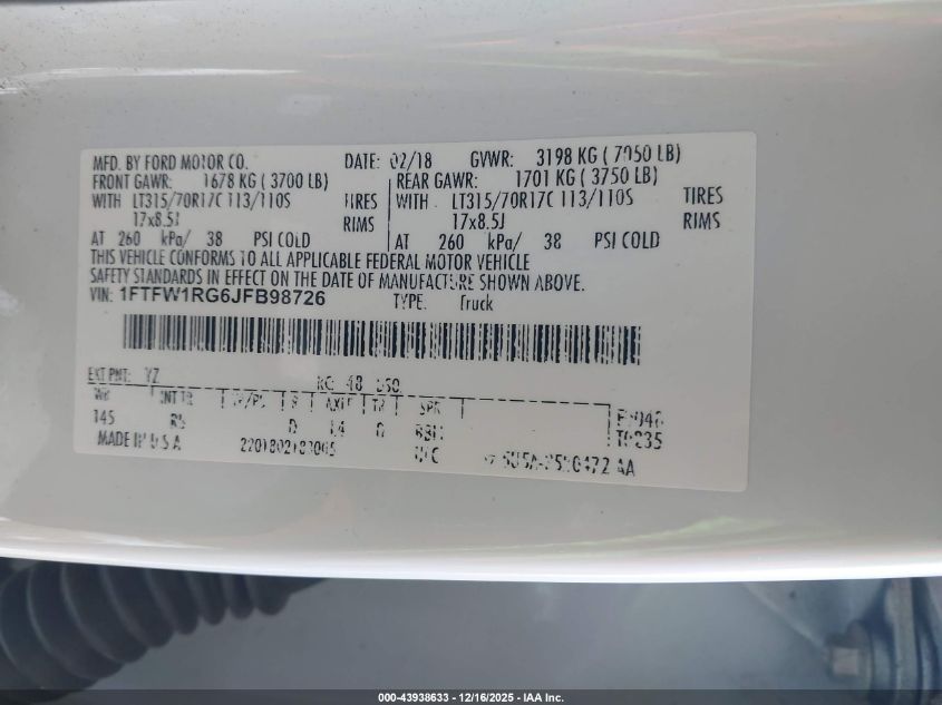 2018 Ford F-150 Raptor VIN: 1FTFW1RG6JFB98726 Lot: 43938633