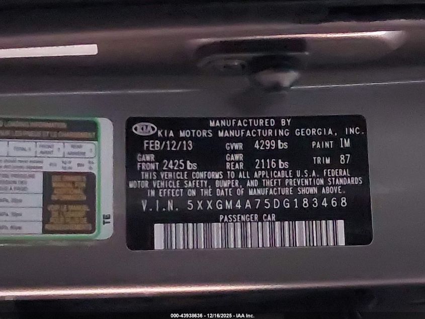2013 Kia Optima Lx VIN: 5XXGM4A75DG183468 Lot: 43938636