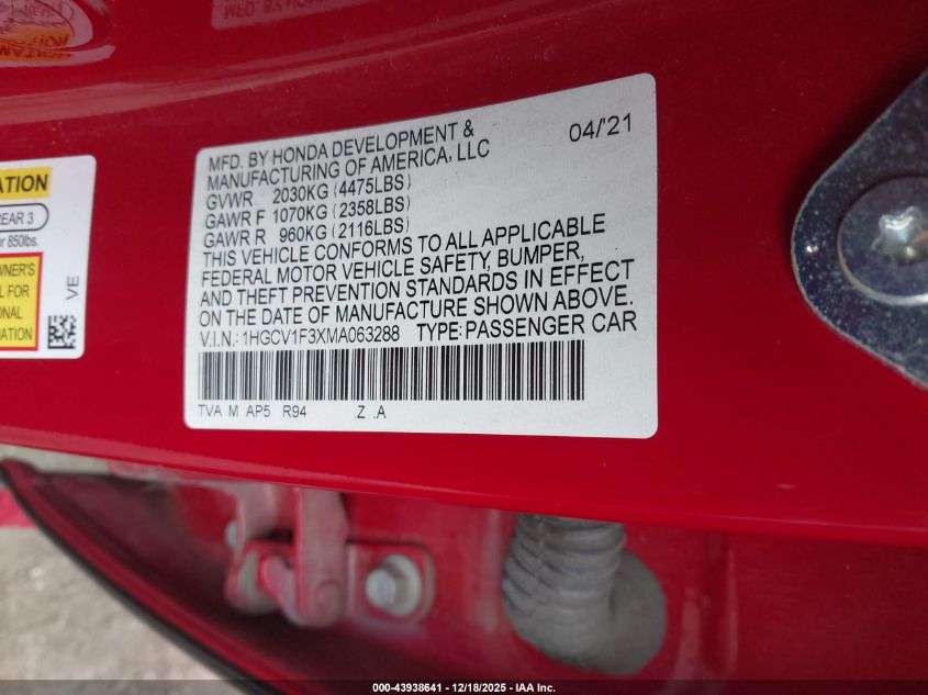 2021 Honda Accord Sport VIN: 1HGCV1F3XMA063288 Lot: 43938641