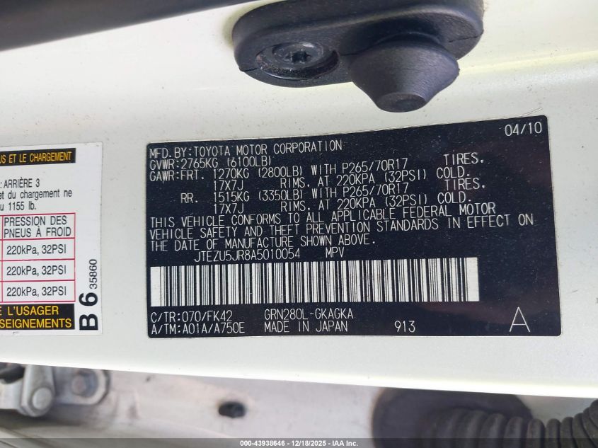 2010 Toyota 4Runner Sr5 V6 VIN: JTEZU5JR8A5010054 Lot: 43938646