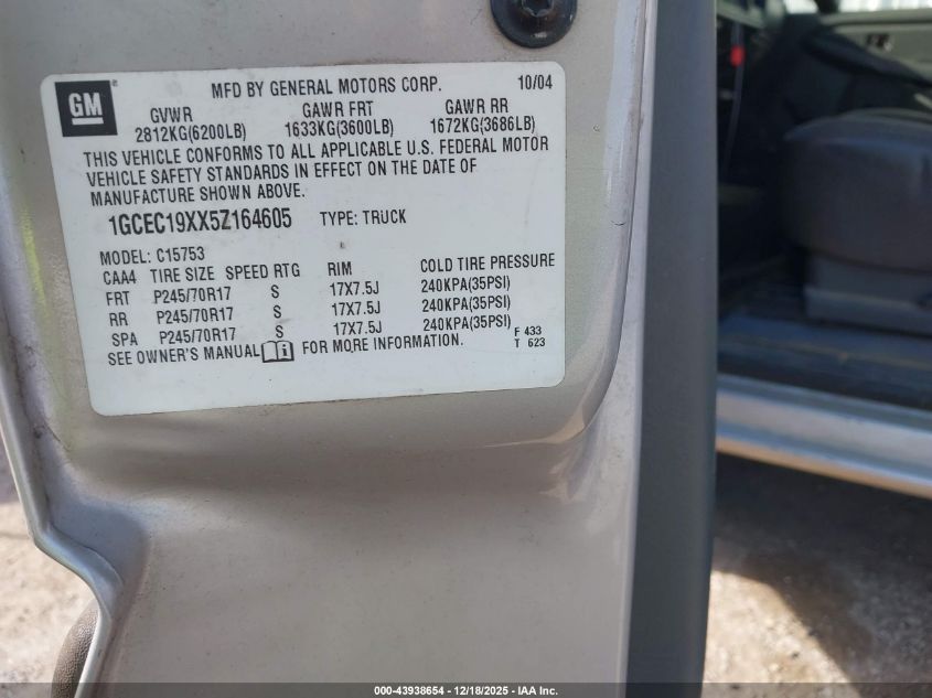 2005 Chevrolet Silverado 1500 VIN: 1GCEC19XX5Z164605 Lot: 43938654
