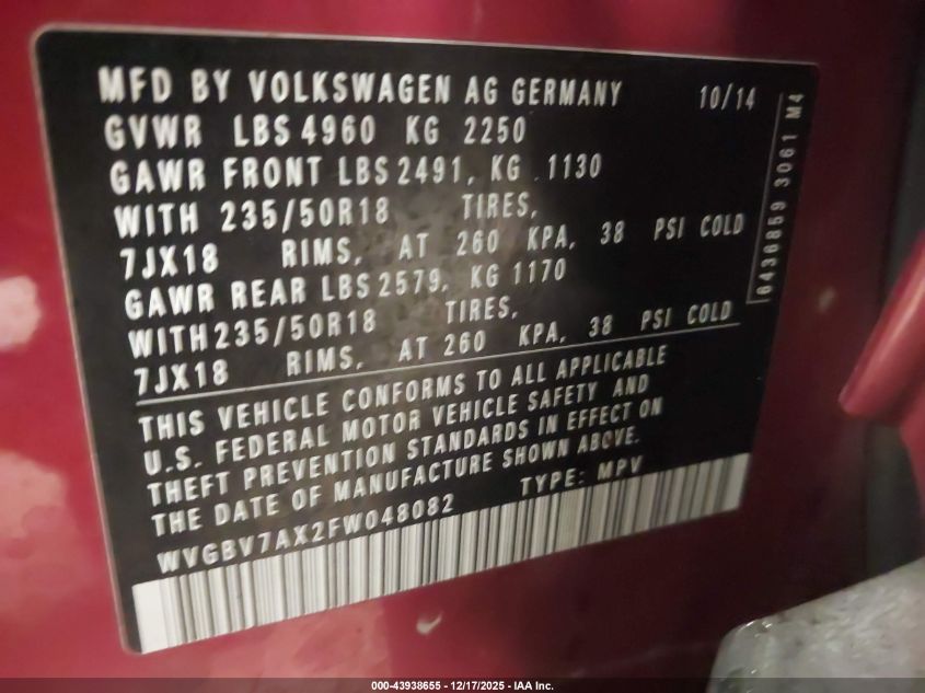 2015 Volkswagen Tiguan Se VIN: WVGBV7AX2FW048082 Lot: 43938655