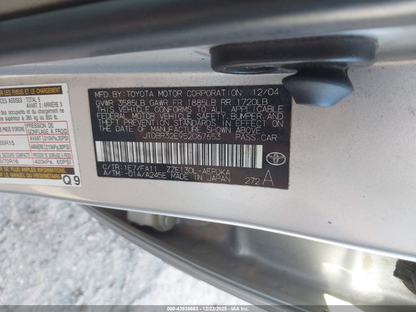 2005 Toyota Corolla Ce VIN: JTDBR32E952067653 Lot: 43938663