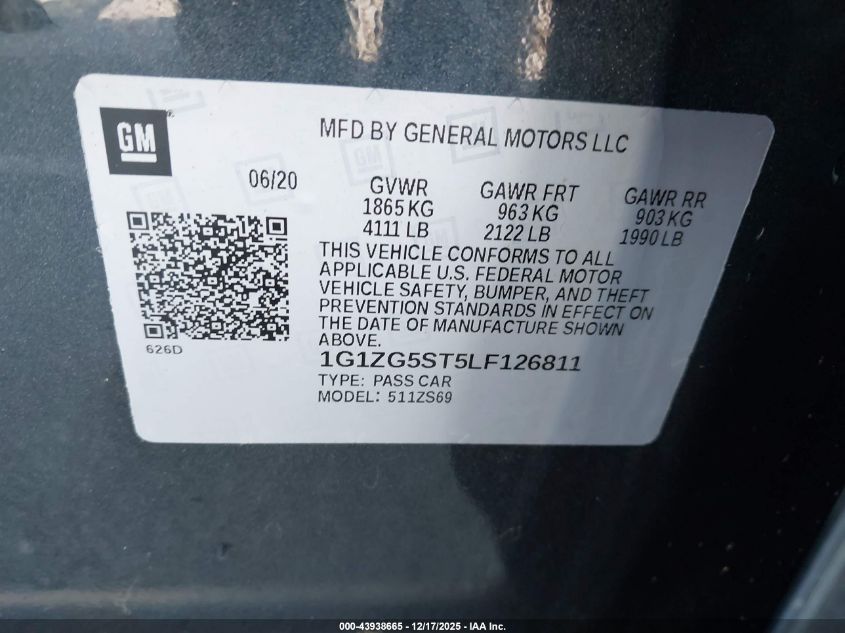 2020 Chevrolet Malibu VIN: 1G1ZG5FT2LF126811 Lot: 43938665