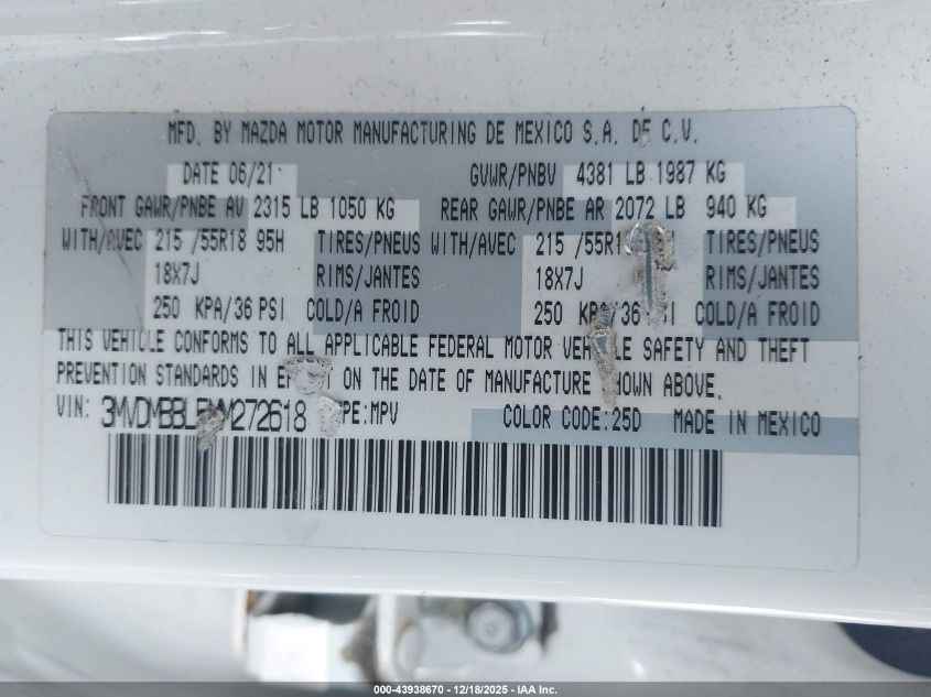 2021 Mazda Cx-30 Select VIN: 3MVDMBBL5MM272618 Lot: 43938670