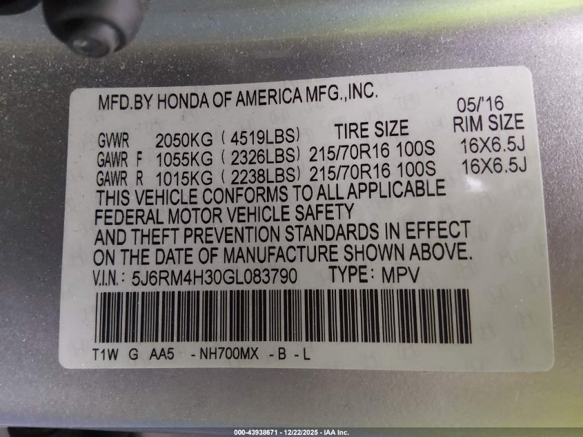 2016 Honda Cr-V Lx VIN: 5J6RM4H30GL083790 Lot: 43938671
